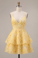 Load image into Gallery viewer, Floral Light Yellow Tiered A Line Beaded Short Cocktail Dress with Ruffles