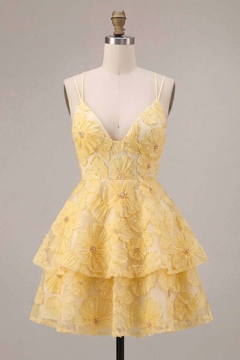 Load image into Gallery viewer, Floral Light Yellow Tiered A Line Beaded Short Cocktail Dress with Ruffles