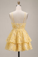 Load image into Gallery viewer, Floral Light Yellow Tiered A Line Beaded Short Cocktail Dress with Ruffles