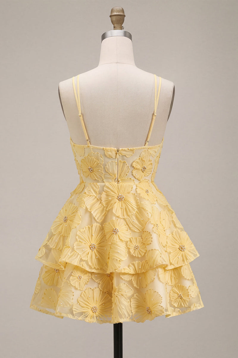 Load image into Gallery viewer, Floral Light Yellow Tiered A Line Beaded Short Cocktail Dress with Ruffles