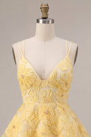 Load image into Gallery viewer, Floral Light Yellow Tiered A Line Beaded Short Cocktail Dress with Ruffles
