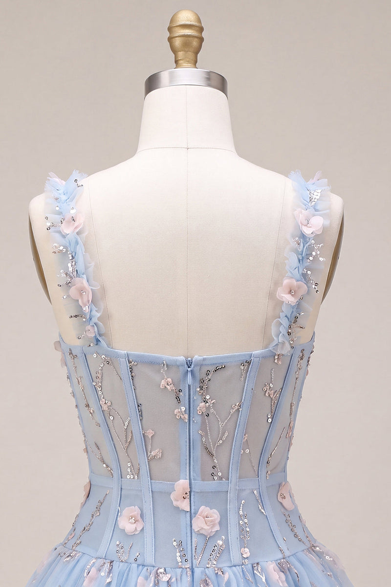 Load image into Gallery viewer, Sparkly Light Blue A Line Corset Short Cocktail Dress with 3D Flowers