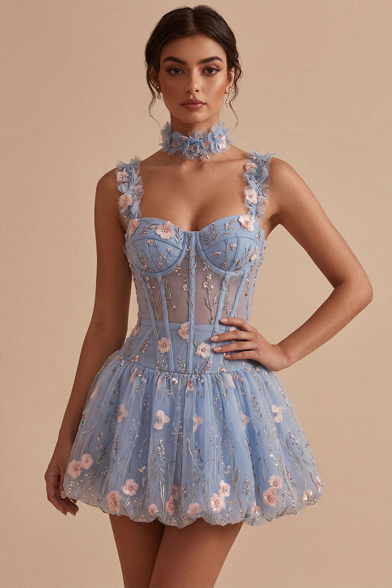 Load image into Gallery viewer, Sparkly Light Blue A Line Corset Short Cocktail Dress with 3D Flowers
