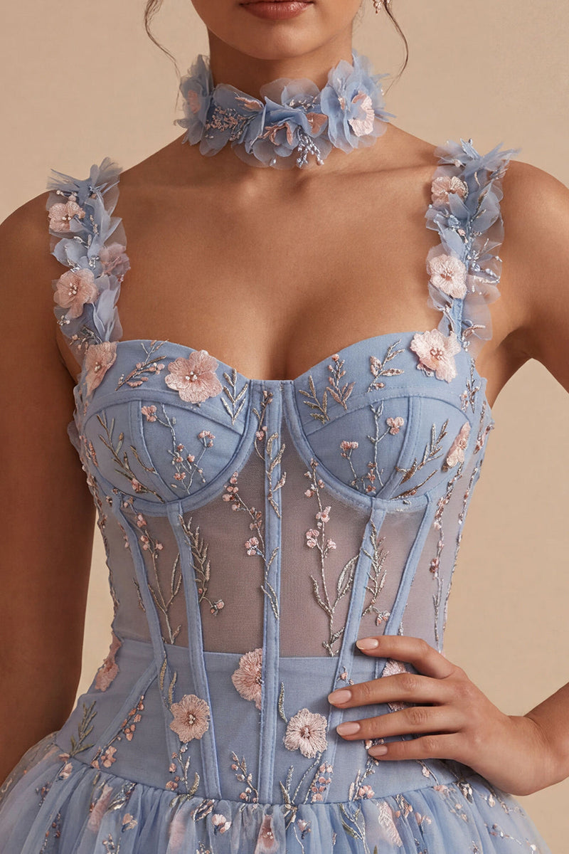 Load image into Gallery viewer, Sparkly Light Blue A Line Corset Short Cocktail Dress with 3D Flowers