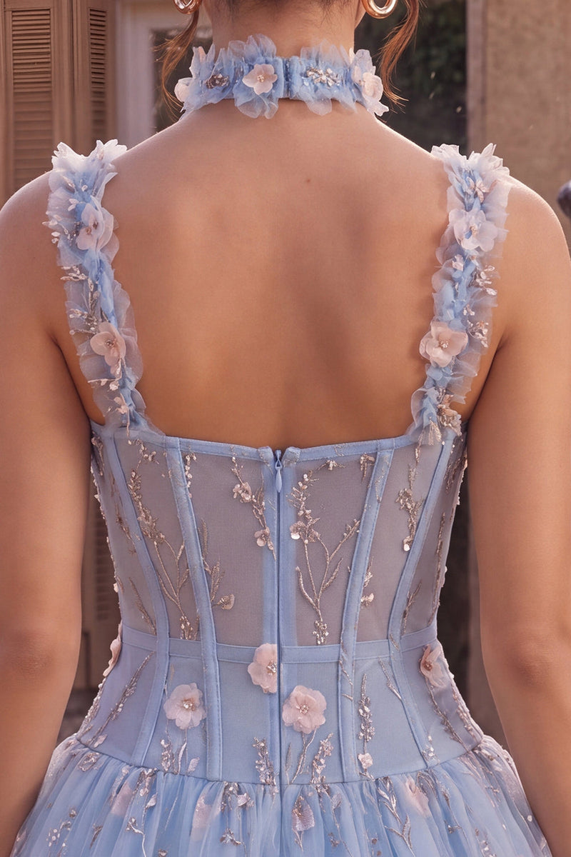 Load image into Gallery viewer, Sparkly Light Blue A Line Corset Short Cocktail Dress with 3D Flowers