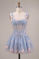Load image into Gallery viewer, Sparkly Light Blue A Line Corset Short Cocktail Dress with 3D Flowers