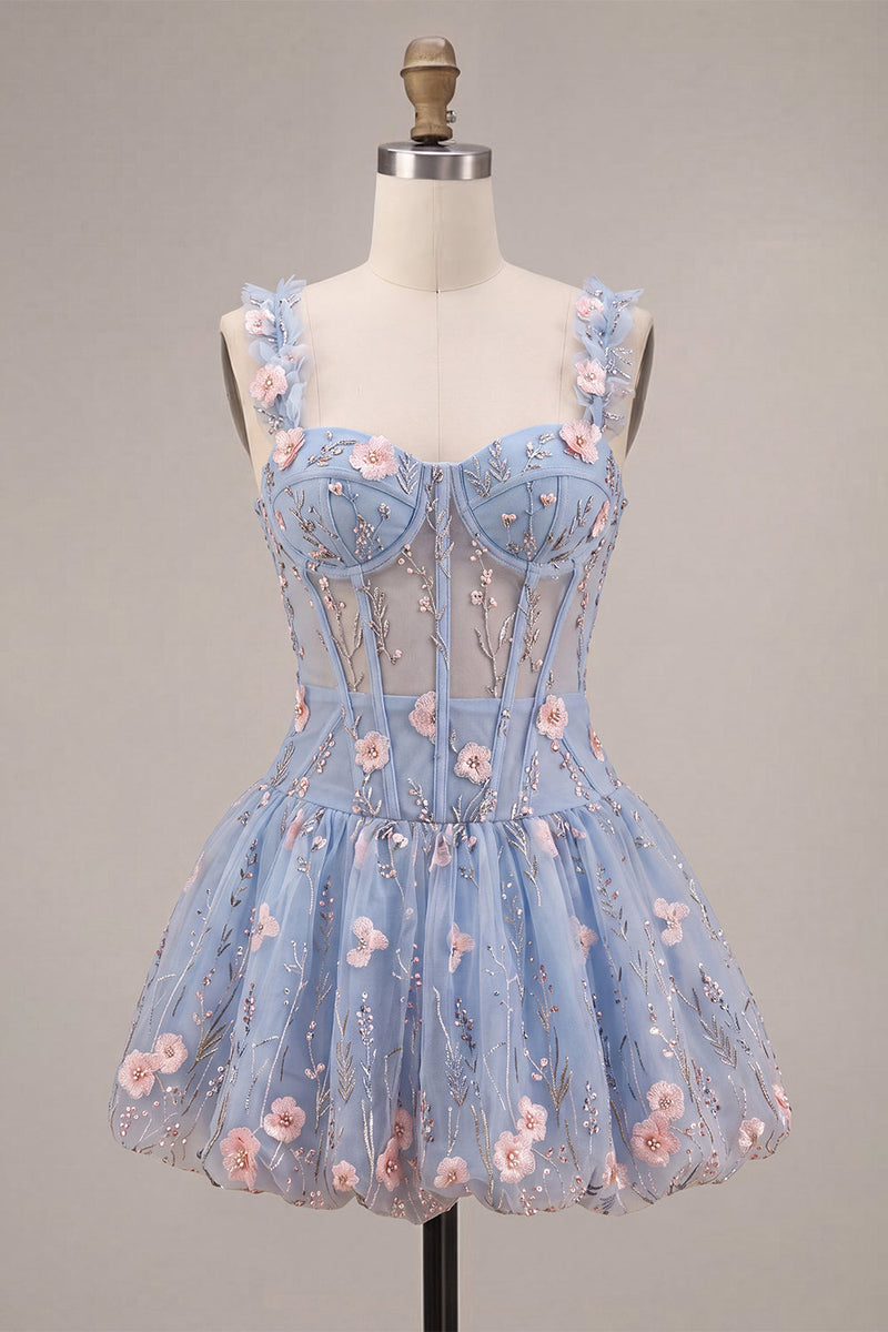 Load image into Gallery viewer, Sparkly Light Blue A Line Corset Short Cocktail Dress with 3D Flowers