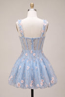 Load image into Gallery viewer, Sparkly Light Blue A Line Corset Short Cocktail Dress with 3D Flowers
