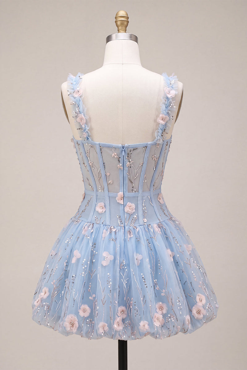 Load image into Gallery viewer, Sparkly Light Blue A Line Corset Short Cocktail Dress with 3D Flowers