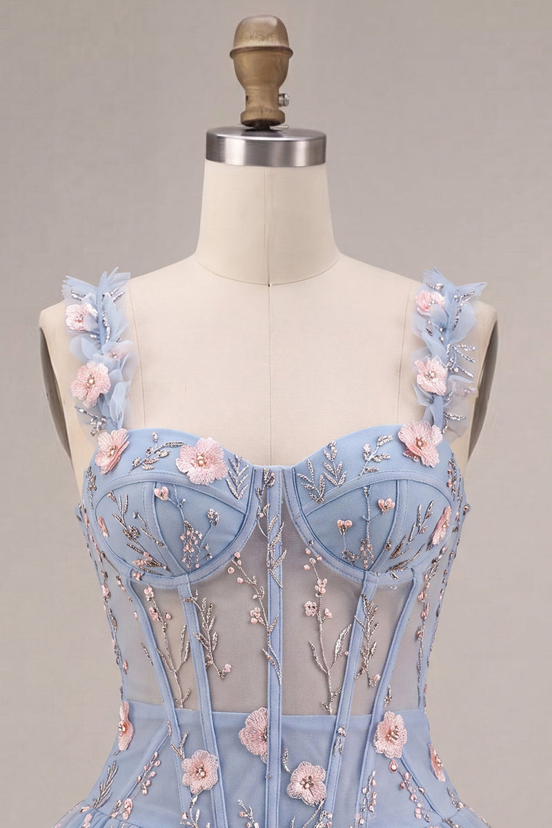 Load image into Gallery viewer, Sparkly Light Blue A Line Corset Short Cocktail Dress with 3D Flowers