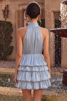 Load image into Gallery viewer, Dusty Blue Tiered Halter A Line Mini Bubble Cocktail Dress