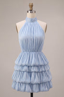 Load image into Gallery viewer, Dusty Blue Tiered Halter A Line Mini Bubble Cocktail Dress