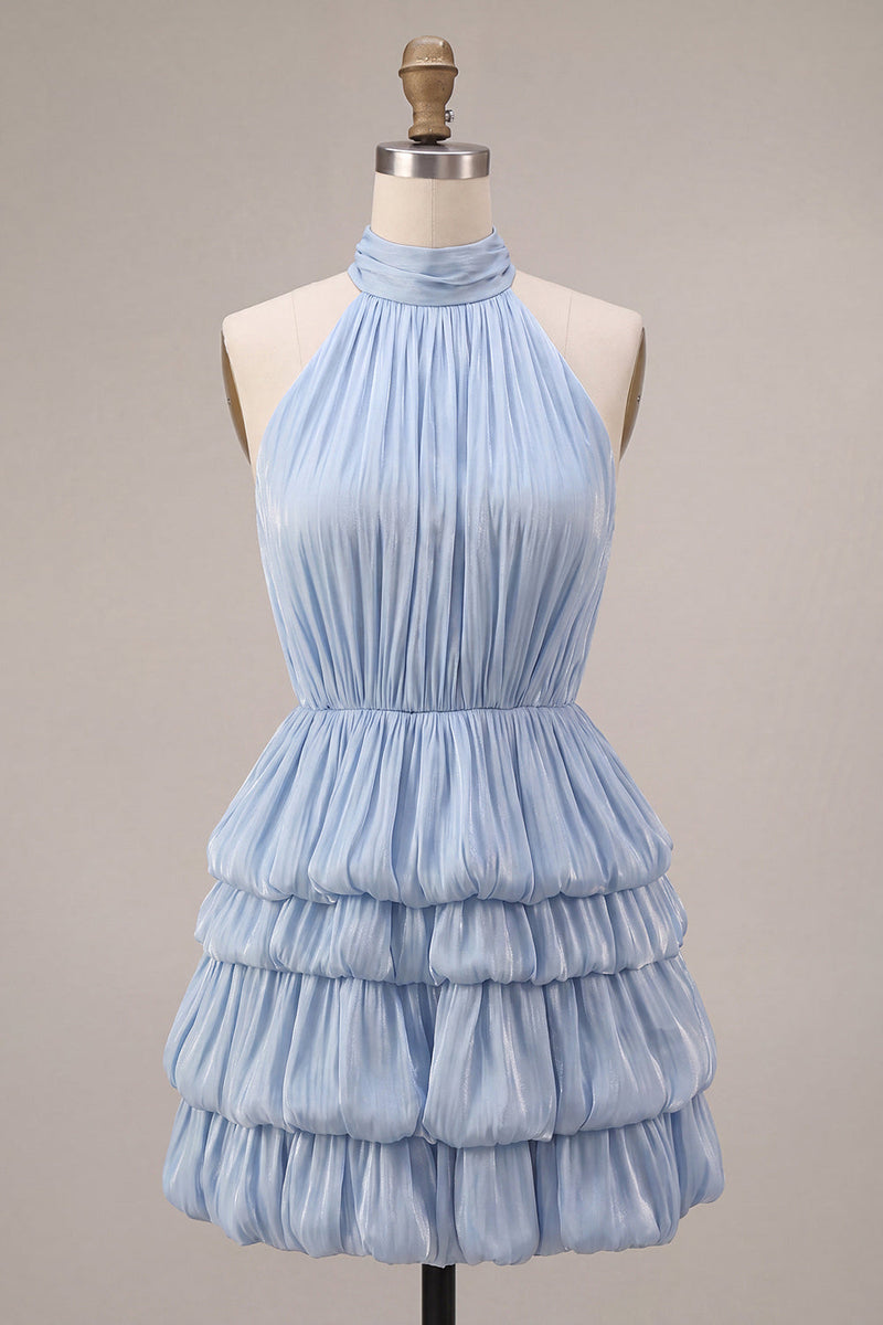 Load image into Gallery viewer, Dusty Blue Tiered Halter A Line Mini Bubble Cocktail Dress