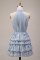Load image into Gallery viewer, Dusty Blue Tiered Halter A Line Mini Bubble Cocktail Dress