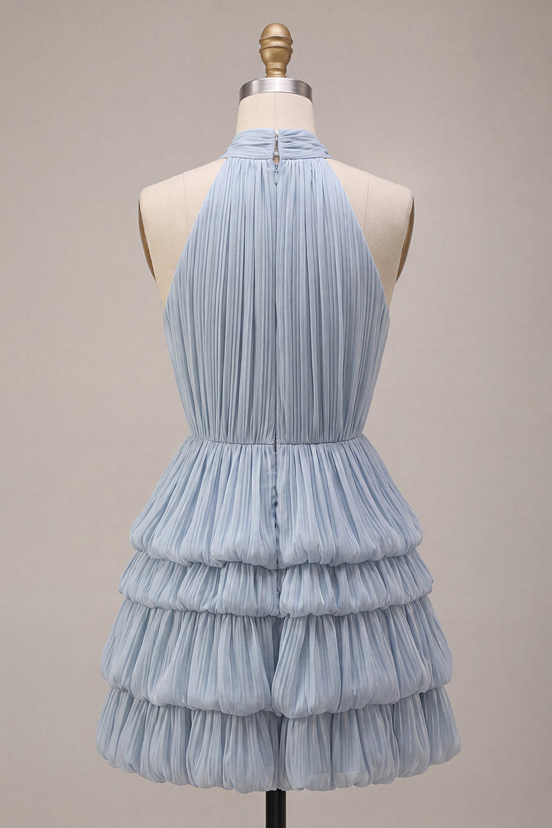 Load image into Gallery viewer, Dusty Blue Tiered Halter A Line Mini Bubble Cocktail Dress