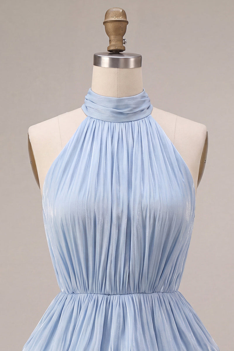 Load image into Gallery viewer, Dusty Blue Tiered Halter A Line Mini Bubble Cocktail Dress