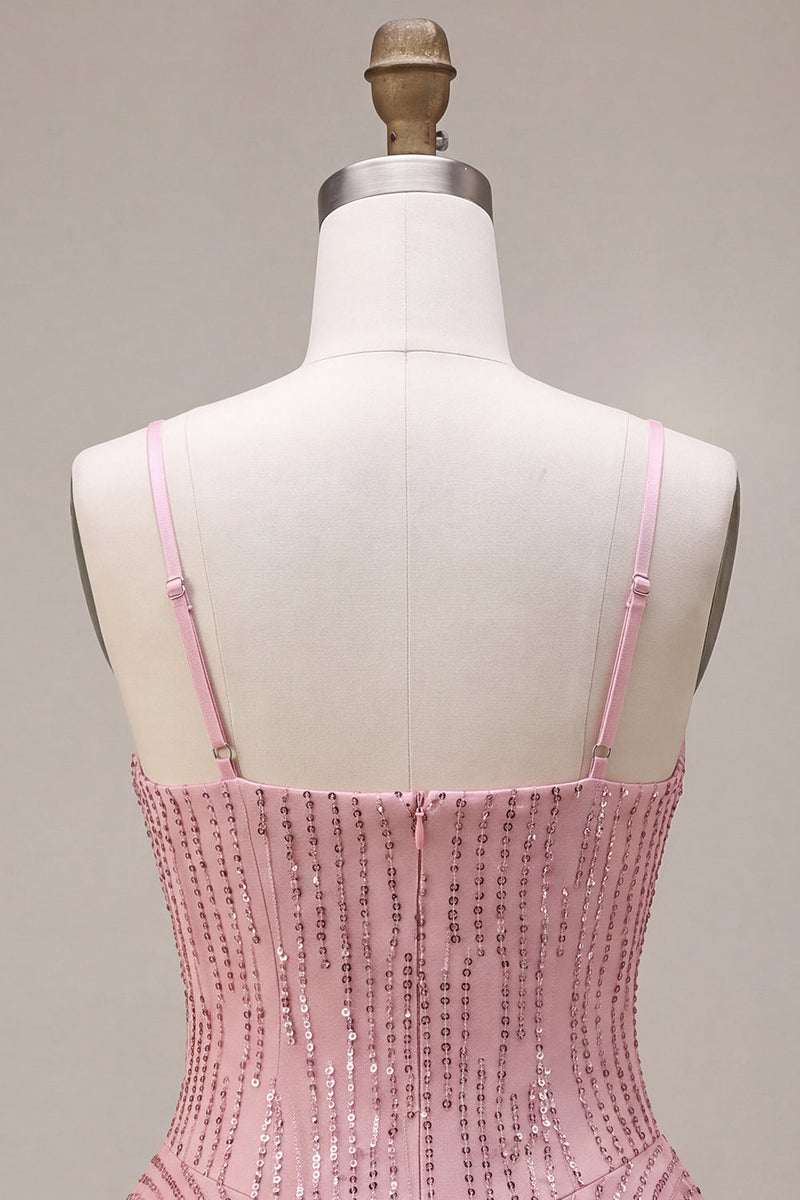 Load image into Gallery viewer, Sparkly Pink Ruffled Sequins A Line Mini Cocktail Dress