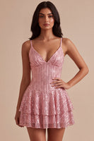 Load image into Gallery viewer, Sparkly Pink Ruffled Sequins A Line Mini Cocktail Dress