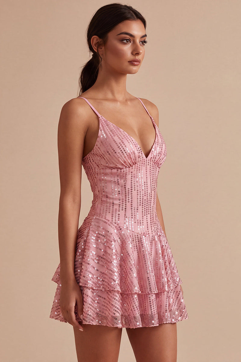 Load image into Gallery viewer, Sparkly Pink Ruffled Sequins A Line Mini Cocktail Dress