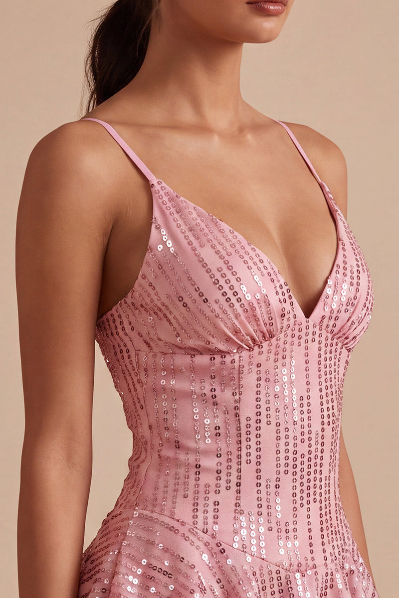 Load image into Gallery viewer, Sparkly Pink Ruffled Sequins A Line Mini Cocktail Dress