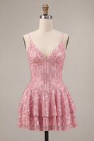 Load image into Gallery viewer, Sparkly Pink Ruffled Sequins A Line Mini Cocktail Dress