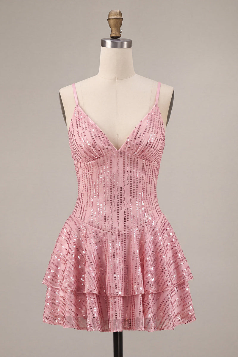 Load image into Gallery viewer, Sparkly Pink Ruffled Sequins A Line Mini Cocktail Dress