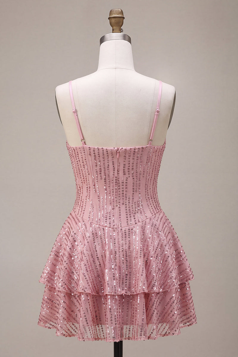 Load image into Gallery viewer, Sparkly Pink Ruffled Sequins A Line Mini Cocktail Dress