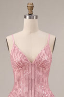 Load image into Gallery viewer, Sparkly Pink Ruffled Sequins A Line Mini Cocktail Dress