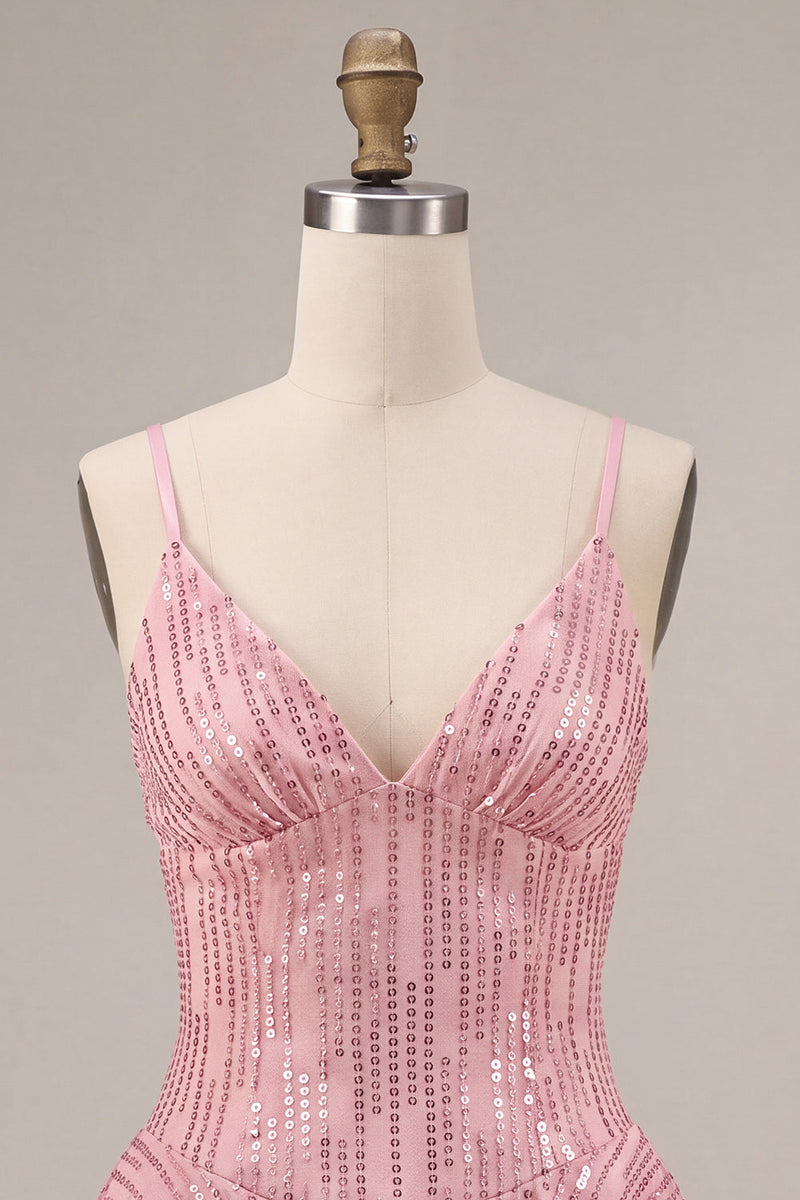 Load image into Gallery viewer, Sparkly Pink Ruffled Sequins A Line Mini Cocktail Dress