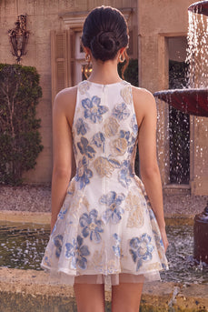 Floral White Plum A Line Jacquard Round Neck Mini Cocktail Dress