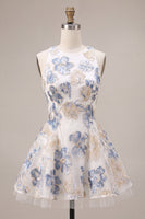 Load image into Gallery viewer, Floral White Plum A Line Jacquard Round Neck Mini Cocktail Dress