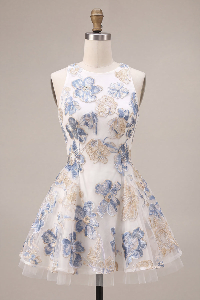 Load image into Gallery viewer, Floral White Plum A Line Jacquard Round Neck Mini Cocktail Dress