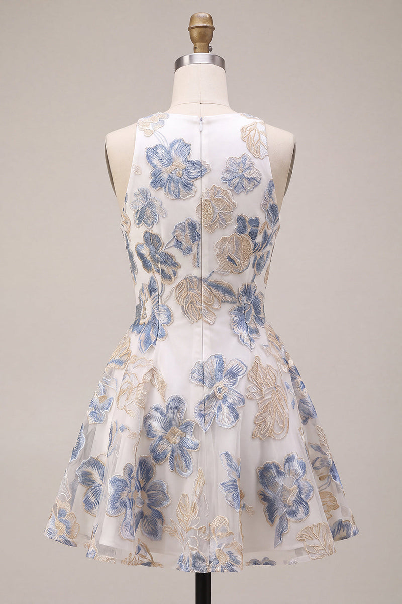 Load image into Gallery viewer, Floral White Plum A Line Jacquard Round Neck Mini Cocktail Dress