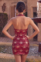 Load image into Gallery viewer, Sparkly Burgundy Halter Tight Sequins Mini Cocktail Dress