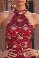 Load image into Gallery viewer, Sparkly Burgundy Halter Tight Sequins Mini Cocktail Dress
