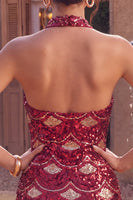 Load image into Gallery viewer, Sparkly Burgundy Halter Tight Sequins Mini Cocktail Dress