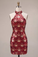 Load image into Gallery viewer, Sparkly Burgundy Halter Tight Sequins Mini Cocktail Dress