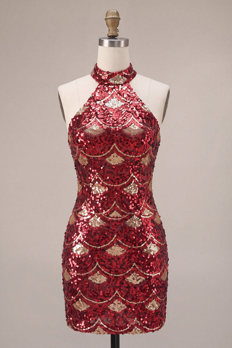 Load image into Gallery viewer, Sparkly Burgundy Halter Tight Sequins Mini Cocktail Dress
