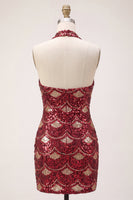 Load image into Gallery viewer, Sparkly Burgundy Halter Tight Sequins Mini Cocktail Dress