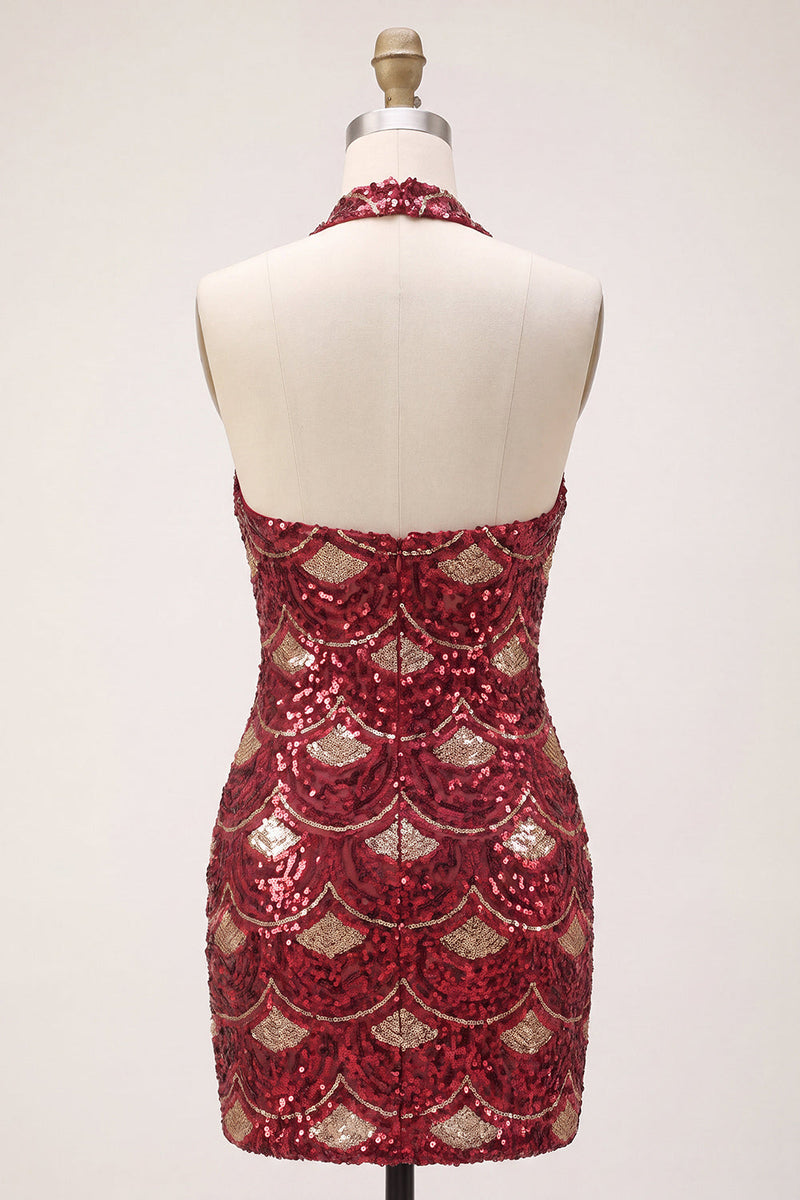 Load image into Gallery viewer, Sparkly Burgundy Halter Tight Sequins Mini Cocktail Dress