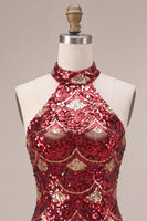 Load image into Gallery viewer, Sparkly Burgundy Halter Tight Sequins Mini Cocktail Dress