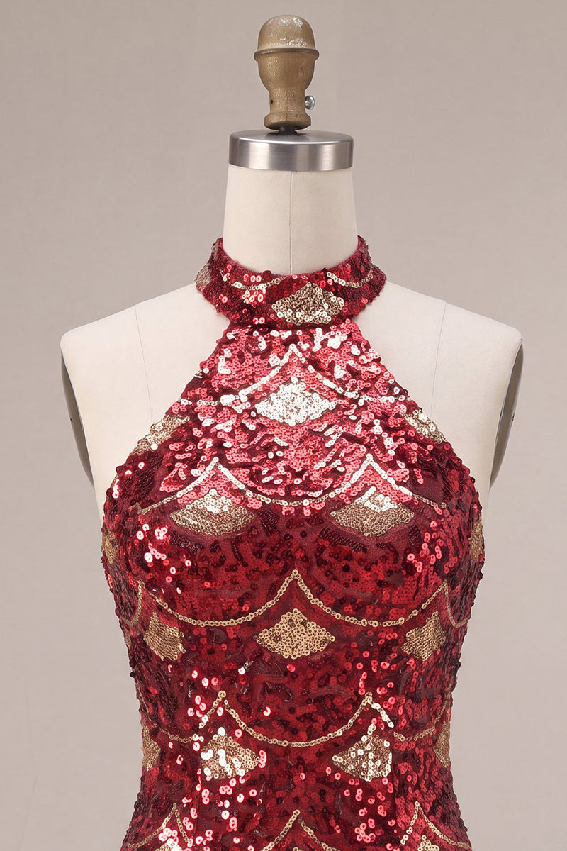 Load image into Gallery viewer, Sparkly Burgundy Halter Tight Sequins Mini Cocktail Dress