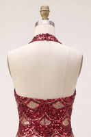 Load image into Gallery viewer, Sparkly Burgundy Halter Tight Sequins Mini Cocktail Dress