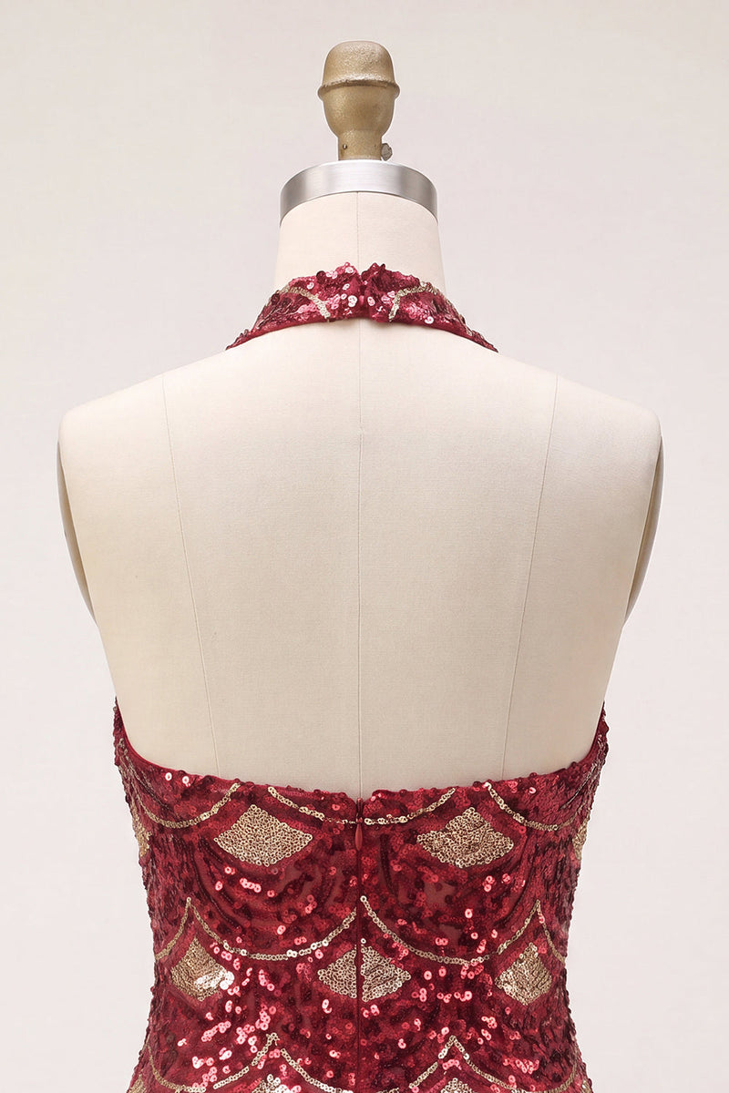 Load image into Gallery viewer, Sparkly Burgundy Halter Tight Sequins Mini Cocktail Dress