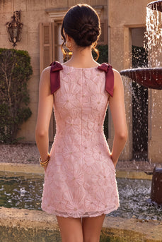 Sparkly Pink Floral Beaded Tight Mini Cocktail Dress with Pockets