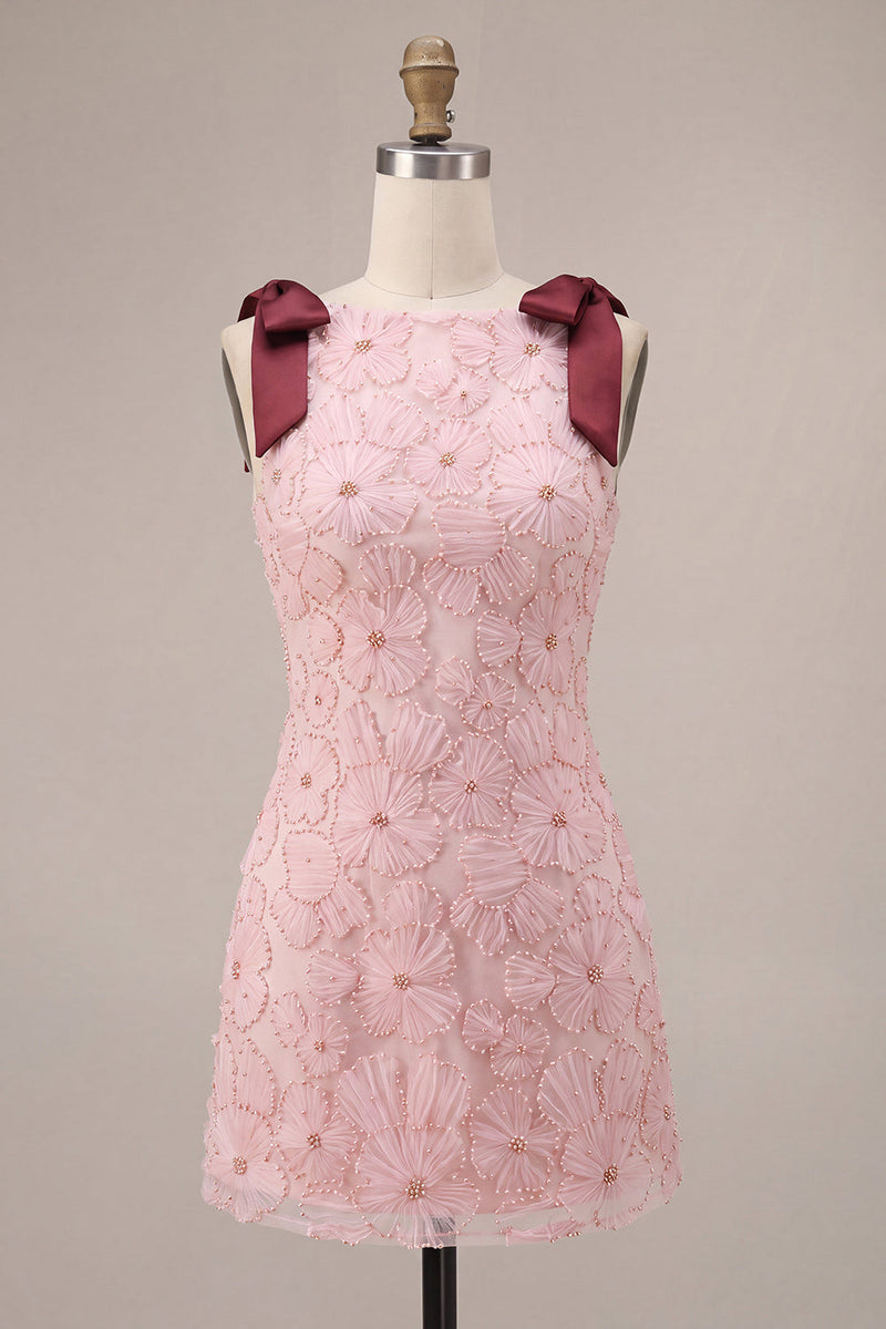 Load image into Gallery viewer, Sparkly Pink Floral Beaded Tight Mini Cocktail Dress with Pockets