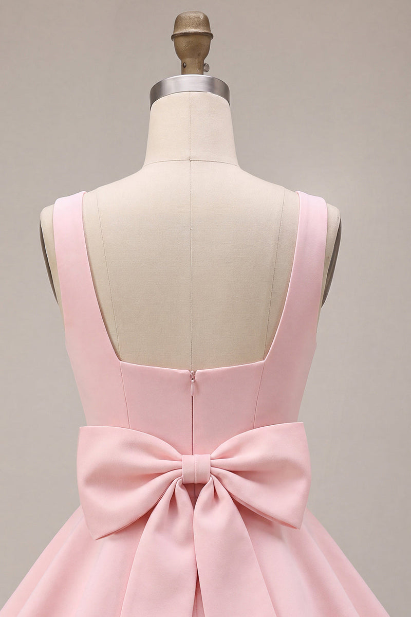 Load image into Gallery viewer, Pink A Line Satin Square Neck Short Cocktail Dress with Lace
