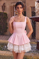 Load image into Gallery viewer, Pink A Line Satin Square Neck Short Cocktail Dress with Lace