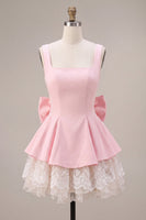 Load image into Gallery viewer, Pink A Line Satin Square Neck Short Cocktail Dress with Lace