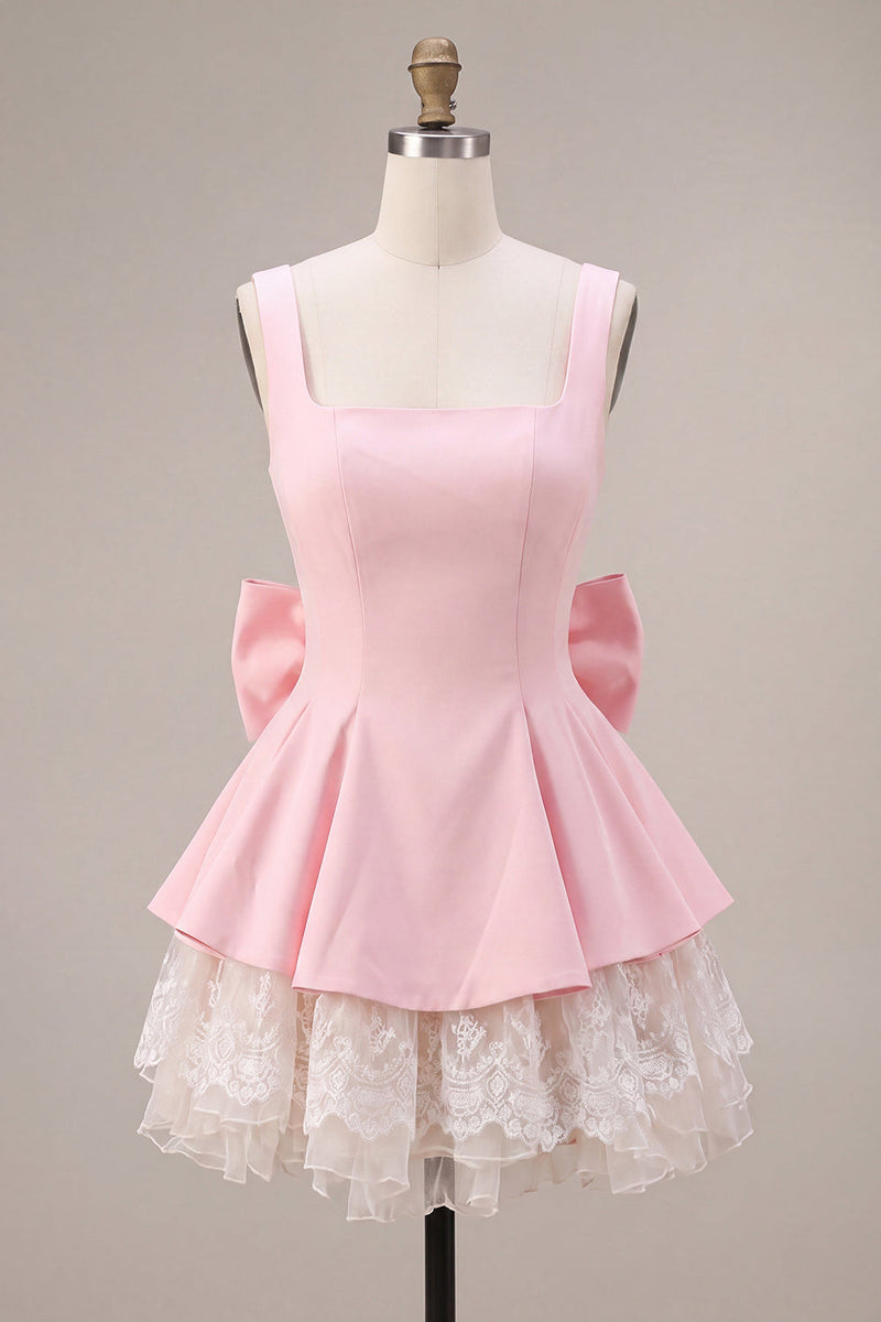 Load image into Gallery viewer, Pink A Line Satin Square Neck Short Cocktail Dress with Lace